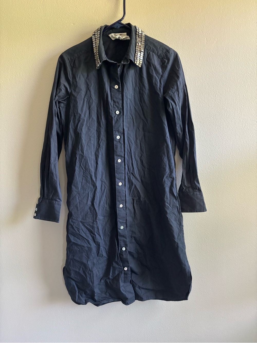 Women's Navy Long Sleeve Shirt Dress with Embellished Rhinestone Collar